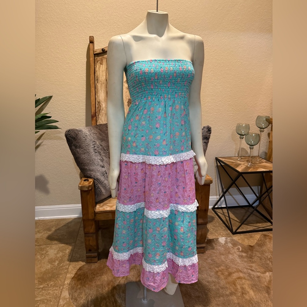 Beach Bunny Floral Tiered Maxi Dress/ Skirt - Pink and Green M